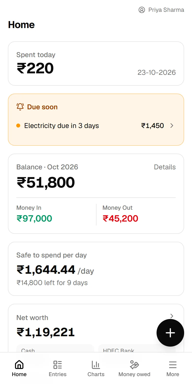 Home: spent today, this month's balance and safe-to-spend
