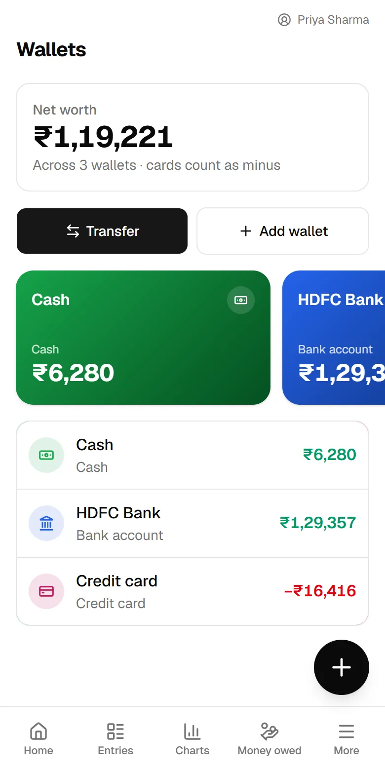 Wallets: cash, bank and credit card balances