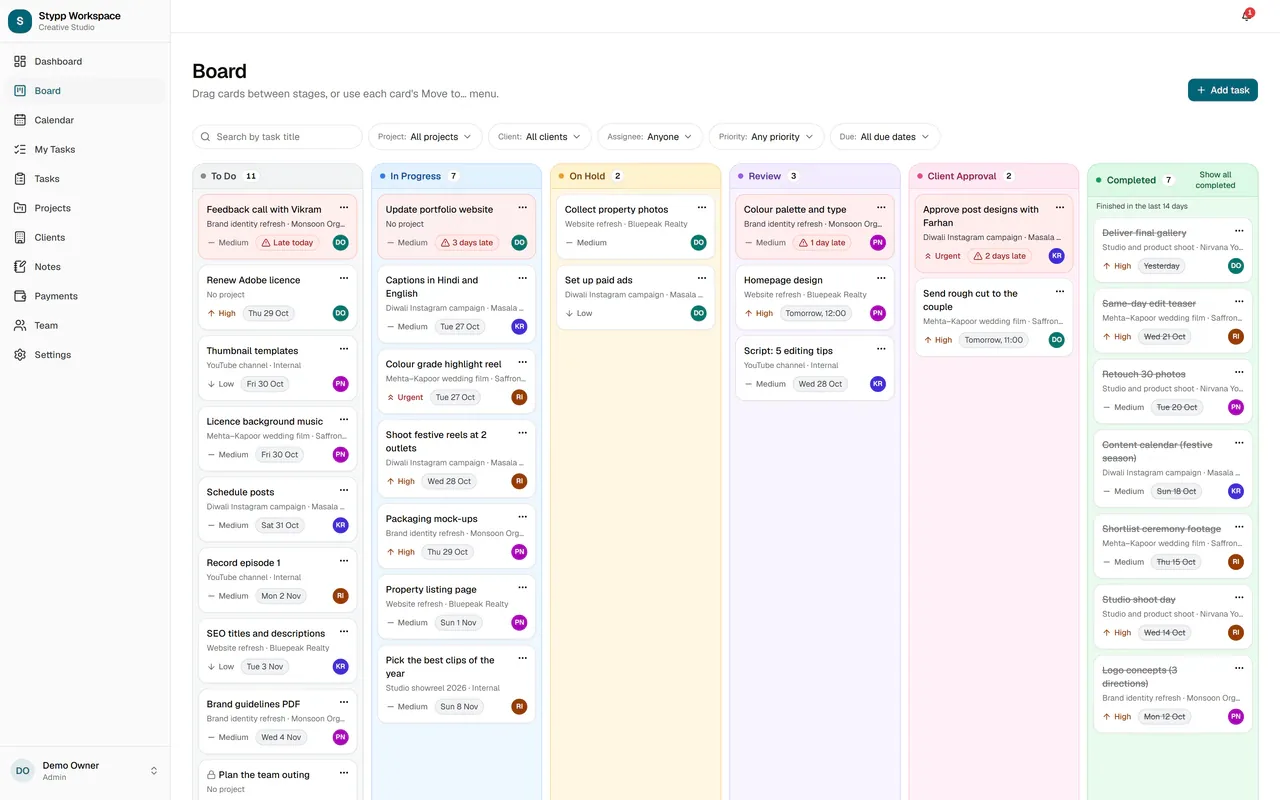 Kanban board with task cards in six columns: To Do, In Progress, On Hold, Review, Client Approval and Completed