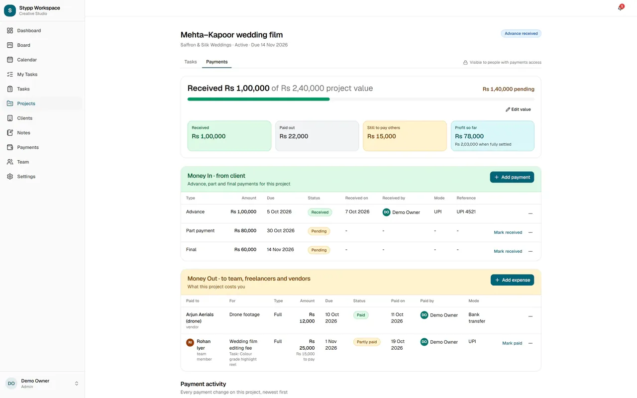 Payments for a wedding film project: amount received of the project value, profit so far, Money In from the client and Money Out to a vendor and a team member