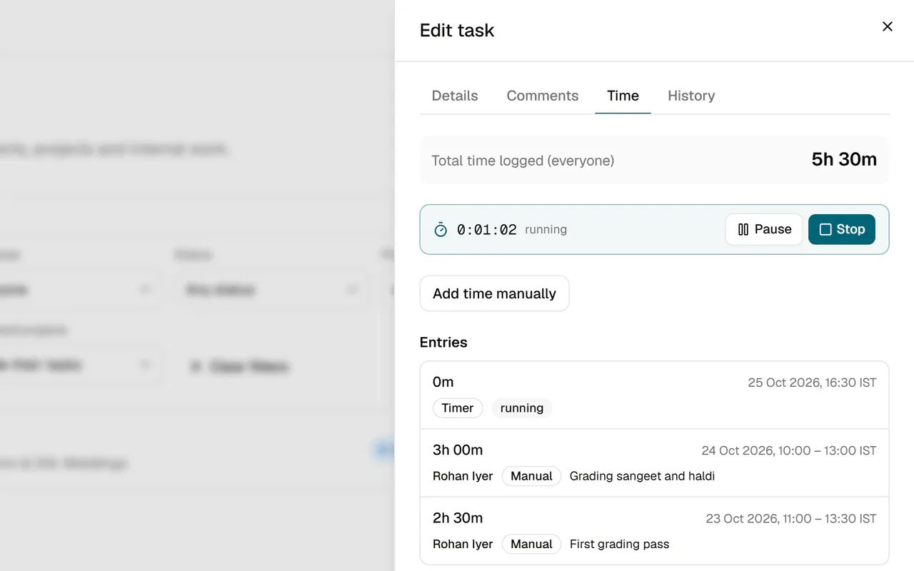 A task's Time tab with a running timer, Pause and Stop buttons, total time logged and earlier time entries