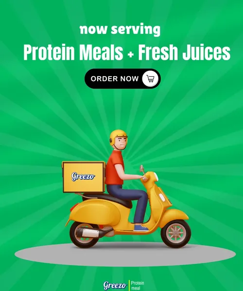 Greezo Instagram post: now serving protein meals and fresh juices