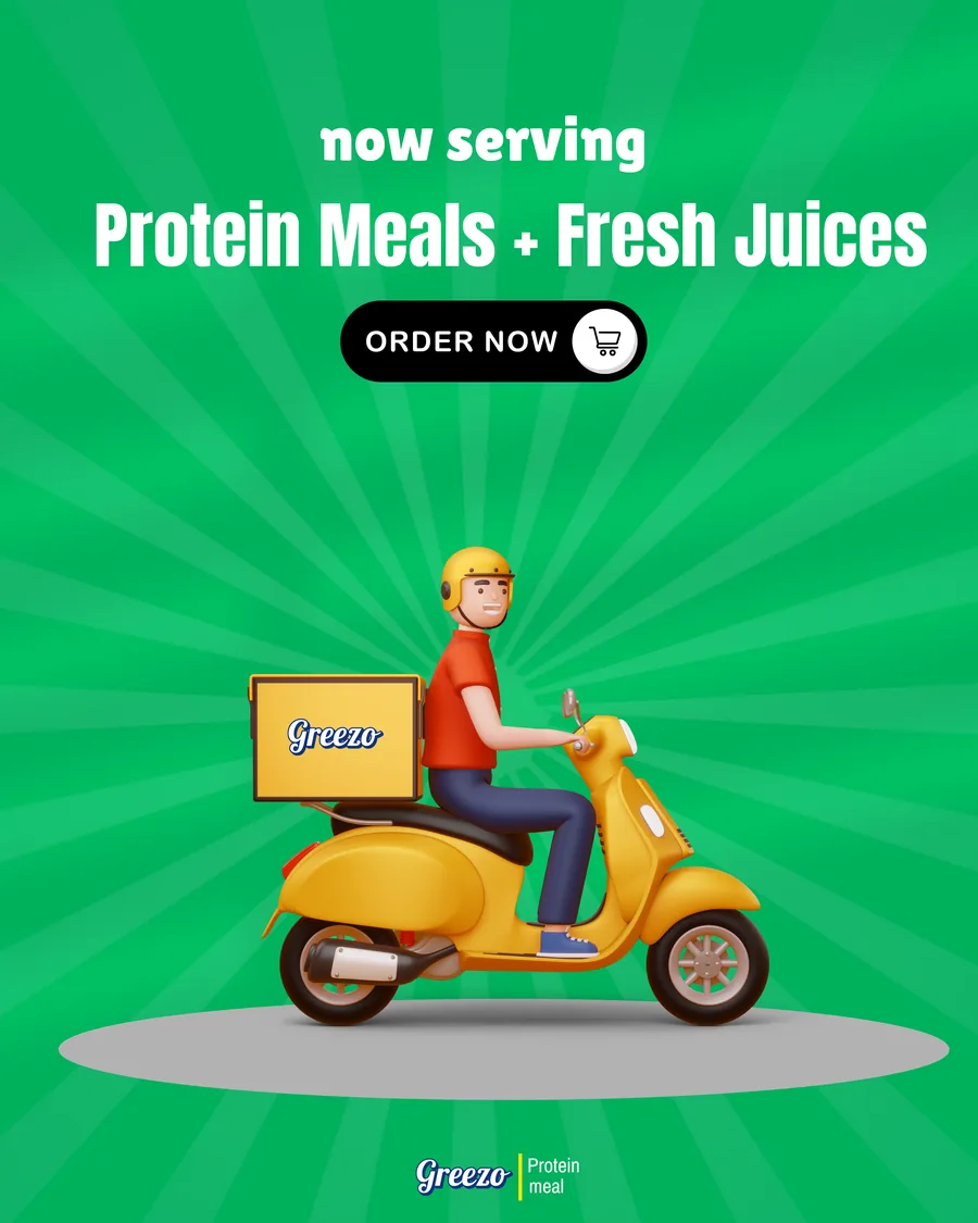 Greezo Instagram post designed by Stypp: now serving protein meals and fresh juices