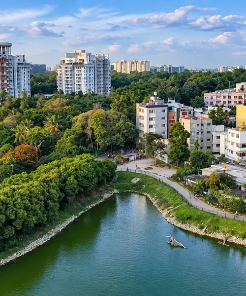Aerial view of the lake near Jiana Suites, Bengaluru