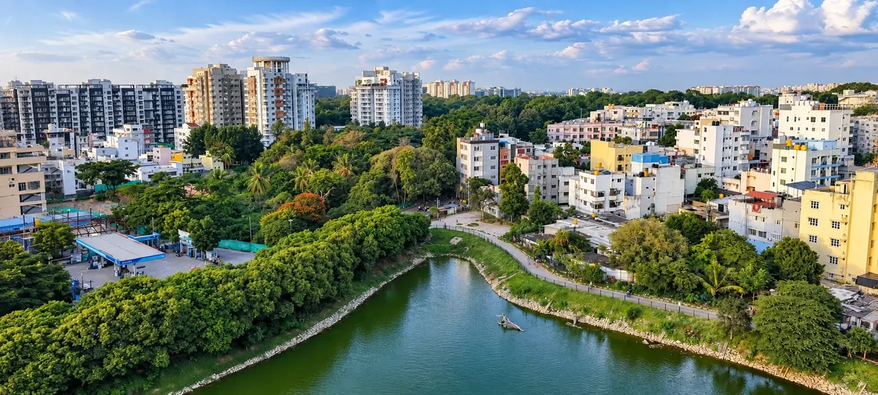 Aerial view of the lake near Jiana Suites, Bengaluru